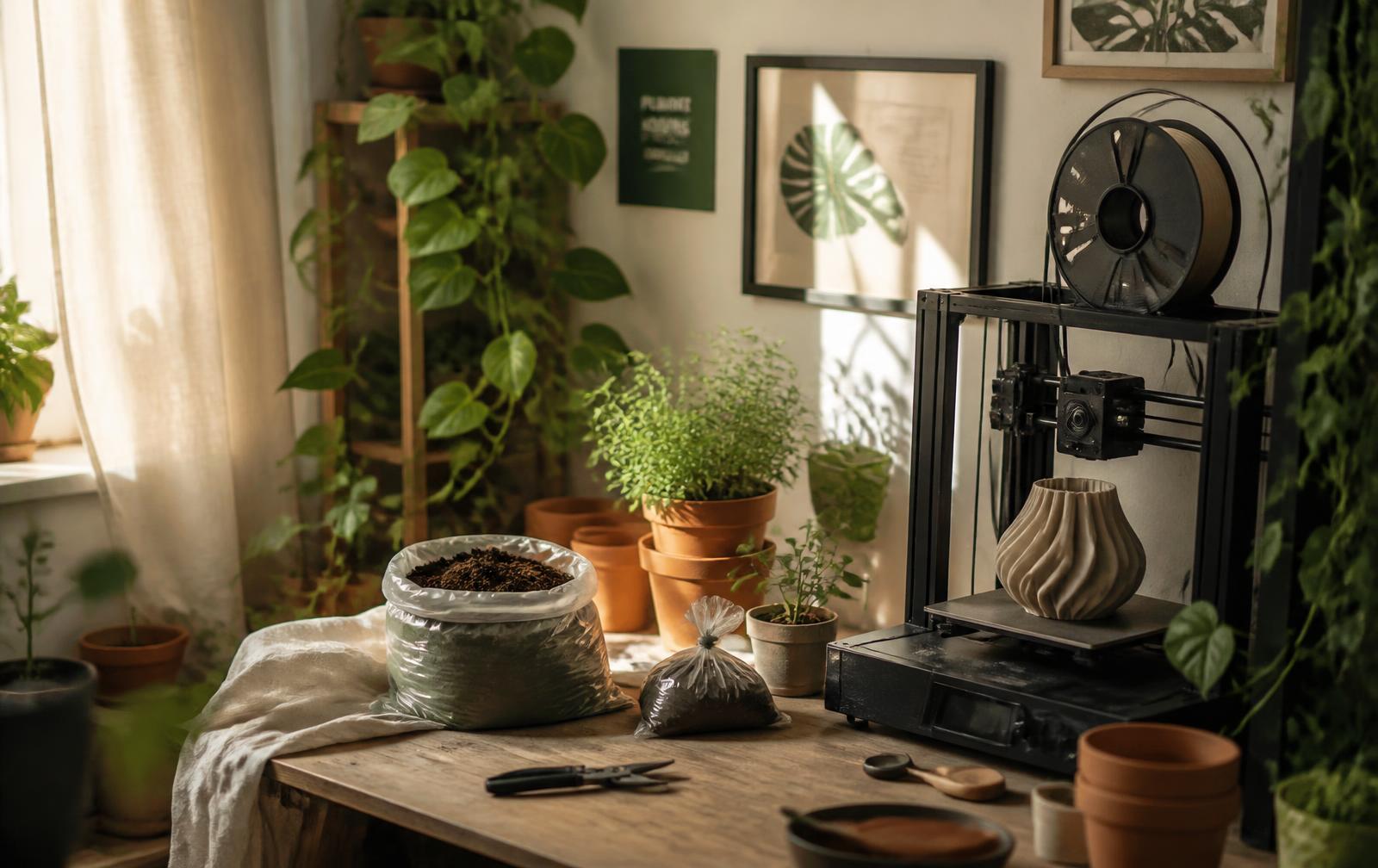 A plant-filled maker workshop in soft morning light, with terracotta pots, soil and a 3D printer